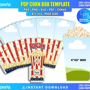 May include: A digital popcorn box template featuring red and white stripes with blue star accents and popcorn graphics. The text reads POP CORN BOX TEMPLATE, PSD | PNG | SVG | PDF | CANVA, 8.5"X11" PAGE SIZE, 4"X2" BOX, Enjoy the show!, and Fresh Hot & Delicious.