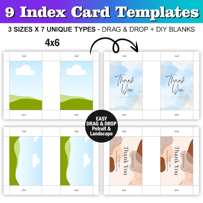 May include: Nine printable index card templates in three sizes. The templates feature different designs, including a landscape with a green hill and blue sky, a watercolour background with the text "Thank You", and a modern abstract design with brown and beige shapes. The templates are easy to drag and drop, and can be used for a variety of purposes.