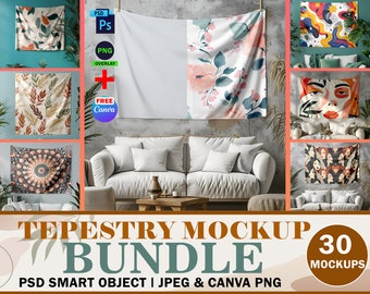 30x Tapestry Mockup Bundle, Wall Flag Mockup, Boho Tapestry Mockup, Transparent PNG, Photoshop PSD And Canva Frame Tapestry Diversified Pack