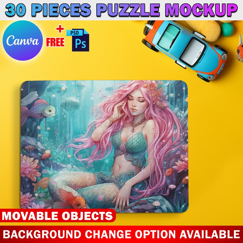 Peut inclure: Une maquette de puzzle de 30 pi&egrave;ces repr&eacute;sentant une sir&egrave;ne aux cheveux roses et &agrave; la queue turquoise assise sur un rocher entour&eacute; de coraux et de poissons. Le puzzle est sur un fond jaune avec une voiture jouet bleue et une balle jaune et blanche.