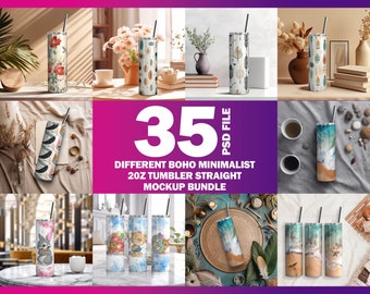 35 Different Boho Minimalist 20oz Skinny Tumbler Mockup Bundle | Change Background, Add Design Via Photoshop Smart PSD, Canva PNG & JPG