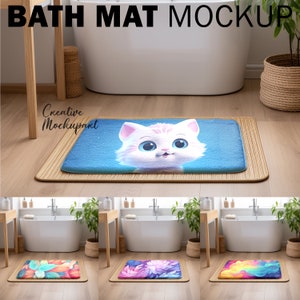 Puede incluir: Una maqueta de tres alfombras de baño diferentes con varios diseños. La primera alfombra de baño presenta un gato de dibujos animados con ojos azules. La segunda alfombra de baño presenta un diseño floral colorido. La tercera alfombra de baño presenta un diseño abstracto colorido.