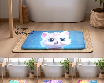 May include: A mockup of three different bath mats with various designs. The first bath mat features a cartoon cat with blue eyes. The second bath mat features a colourful floral design. The third bath mat features a colourful abstract design.