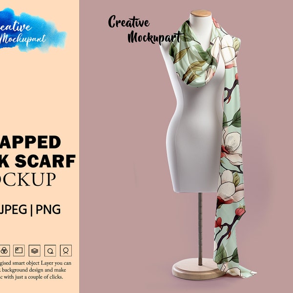 Wrapped Long Silk Scarf Mockup | Add Your Own Design Via Photoshop Smart PSD Object, Canva PNG and JEPG