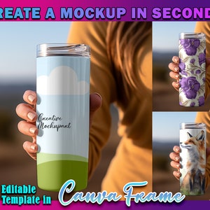 Canva Frame Hand Holding 20oz Tumbler Mockup | Tumbler Canva Mockup | Skinny 20oz Tumbler Mockup| Person Holding Tumbler Mockup| Drag & Drop
