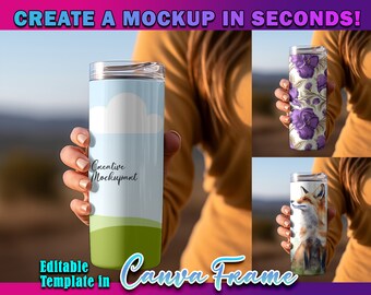 Canva Frame Hand Holding 20oz Tumbler Mockup | Tumbler Canva Mockup | Skinny 20oz Tumbler Mockup| Person Holding Tumbler Mockup| Drag & Drop