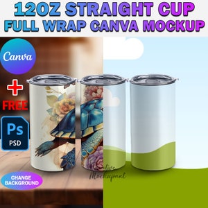 Canva Frame 12oz Straight Tumbler Full Wrap Mockup, 12oz Skinny 3 Tumbler Mockup, Insert Design & Background Via PSD, PNG, Smart Canva Frame
