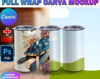 Canva Frame 12oz Straight Tumbler Full Wrap Mockup, 12oz Skinny 3 Tumbler Mockup, Insert Design & Background Via PSD, PNG, Smart Canva Frame