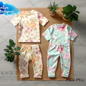 2 Children&#39;s Pajamas Set, Short Sleeve Pajama Set Mock Up, Kids Sleepwear Mock Ups | DYE Sublimation Realistic PJ Clothing Mockup in PSD Png
