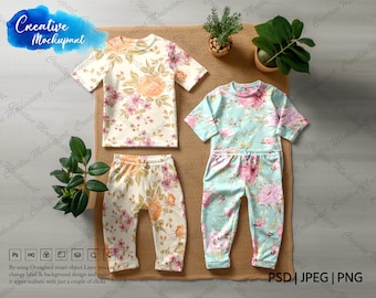 2 Children's Pajamas Set, Short Sleeve Pajama Set Mock Up, Kids Sleepwear Mock Ups | DYE Sublimation Realistic PJ Clothing Mockup in PSD Png