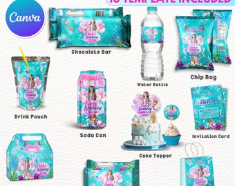 May include: A collection of mermaid-themed birthday party favors, including a chocolate bar, chip bag, water bottle, drink pouch, soda can, cake topper, invitation card, gable box, rice krispi, and gift bag. The items feature a teal and pink color scheme.