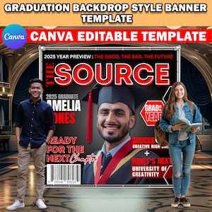 Graduation Magazine Style Backdrop Template, Red DIY Editable Canva Graduation Photography Backdrop/Banner, Graduation Party Backdrop/Banner