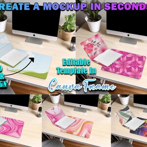 Pode incluir: Uma maquete que mostra como criar um design personalizado para um tapete de rato usando um modelo Canva. A imagem mostra um monitor de computador, um teclado e um tapete de rato com diferentes designs. O texto "Create a mockup in seconds!" e "Editable Template in Canva Frame" é visível na imagem.