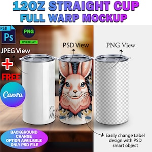 12oz Straight Tumbler Full Wrap Mockup, 12oz Skinny 3 Tumbler Mockup, Insert Design & Background Via Photoshop PSD, PNG, Smart Canva Frame