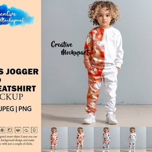 May include: A mockup of a child's white and orange sweatshirt and jogger set. The sweatshirt has a floral pattern on the left side and is plain white on the right side. The jogger pants have the same floral pattern as the sweatshirt. The model is wearing the set and standing on a light gray background.