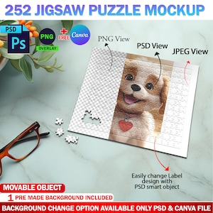 Dye Sublimation 252 Piece Puzzle Mockup, Jigsaw Puzzle Template, Insert Your Own Design & Background Via Smart Canva Frame And Photoshop PSD