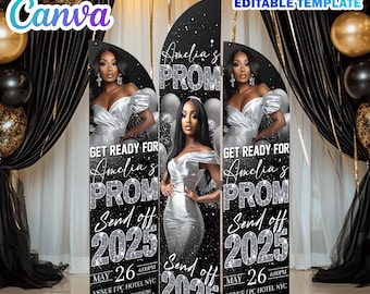 Könnte beinhalten: Editierbare Vorlage für einen Prom-Fotobooth-Hintergrund. Der Hintergrund ist schwarz mit silbernem Glitzer und zeigt den Text "Get Ready for Amelia's Prom Send Off 2025" mit Datum und Uhrzeit. Der Hintergrund ist mit silbernen Ballons dekoriert.