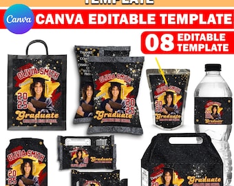 Prom Packaging Treat Template Bundle, Black & Yellow Grad Treats, Personalized Editable Canva Party Bundle, Custom Water Labels, Chip Bag