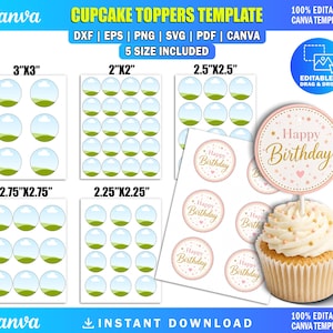 Canva-mall för cupcake-topper, gör-det-själv-födelsedagsfest-muffinstoppare, gör-det-själv-födelsedagsmuffinsdekor, gör-det-själv-dra och släpp-mall för festgåvor