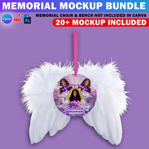 May include: A white feathered angel wing ornament with a round purple and white memorial photo insert. The insert features a photo of a person and the text "In Loving Memory", "Dania Smith", and "Forever in Our Hearts".