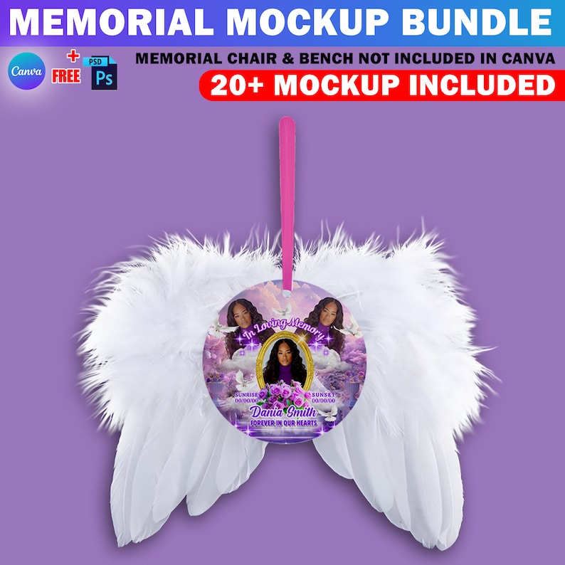 May include: A white feathered angel wing ornament with a round purple and white memorial photo insert. The insert features a photo of a person and the text "In Loving Memory", "Dania Smith", and "Forever in Our Hearts".