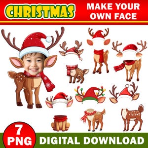 Kerst voeg je eigen foto toe gezicht, doe-het-zelf rendier png-bundel, rendiergezicht blanco, kerstknutsels voor kinderen, decor kerstprikbord