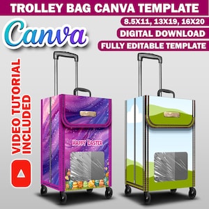 Plantilla de Canva para caja de regalo con carrito, caja de regalo moderna de cartón pluma, bolsa de regalo de lujo editable, caja de regalo DIY para cumpleaños y Día de la Madre, caja de viaje