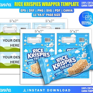 Könnte beinhalten: Eine digitale Vorlage für Rice Krispies-Verpackungen mit blauem Hintergrund, Wolken, Milchspritzern und einer Müsliriegel-Grafik. Das Layout enthält 5"x7"-Abschnitte, Nährwerttabellen und Textplatzhalter. Dateiformate sind EPS, DXF, PNG, SVG und PDF.