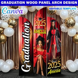 Graduation Wooden Arch Panel Design Canva Backdrop Template, Editable Red & Gold Grad Entrance Arch Panel Customizable Canva Arch Entryway