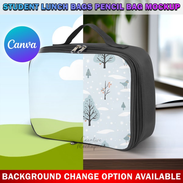 Canva DYE Sublimation Student's Lunch Bag Mockup, Neoprene Pencil Bag Mockup, Insert Design And Background Via Drag & Drop Smart Canva Frame