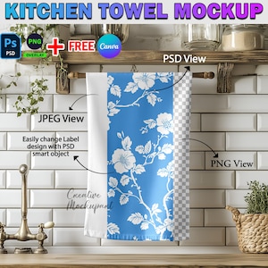 PSD + Canva Kitchen Towel Mockup , Tea Towel Mockup, Tea Kitchen Towel Mock Up, Insert Design Via Smart Photoshop PSD, Drag & Drop Canva