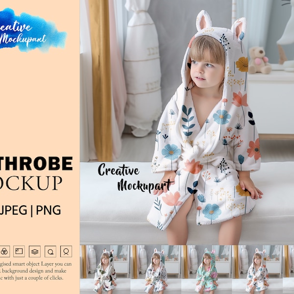 Bathrobe Mockup | Kids Bathing Robe Mockup, Kids Bath Towel Mockup | Insert Your Own Design Via Photoshop Smart Object PSD, Canva PNG & JPG