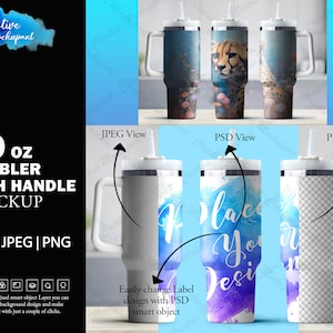 40oz Tumbler With Handle Mockup For Dye Sublimation | Add your own Image and Background Via Photoshop Smart PSD Object, Canva PNG & JPG