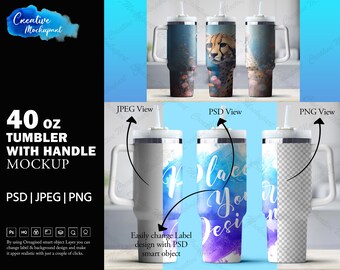 40 Unzen Becher mit Griff Mockup für Sublimation | Fügen Sie Ihr eigenes Bild und Hintergrund über Photoshop Smart PSD-Objekt, Canva PNG & JPG hinzu