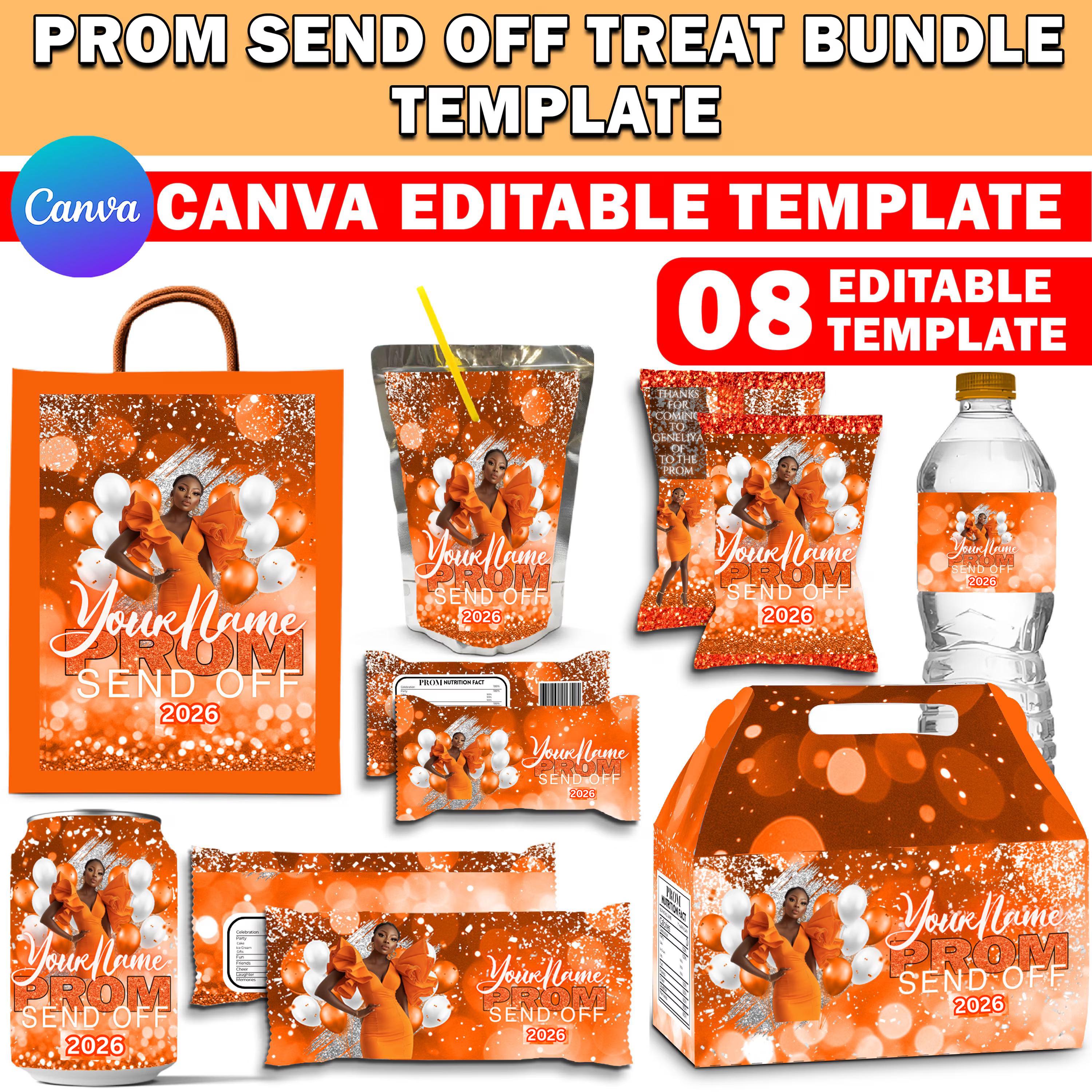 Prom Sweet Package Prom Send off Treat Packaging, Prom Template Bundle, Glitter Orange ...