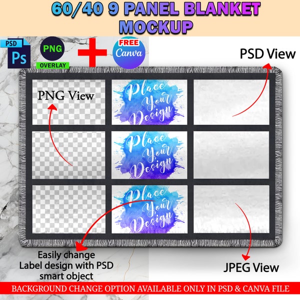 Dye Sublimation 40"X60" 9 Panel Blanket Mockup, 9 Panel Photo Throw Blanket Mockup, Insert Design & Background Via Smart Canva Frame And PSD
