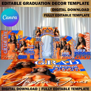 Custom Graduation Decor Canva Template Bundle, Name Cutout, Orange & Blue Grad Entrance Arch, Magazine Backdrop, Hat Arch Wall, Floor Wrap