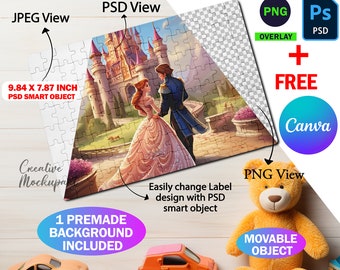 May include: A 120 piece jigsaw puzzle mockup with a fairytale castle scene. The puzzle is on a white wooden surface with a teddy bear and toy cars. The puzzle is 9.84 inches by 7.87 inches and is a PSD smart object. The image also includes a PNG overlay and a free Canva file.