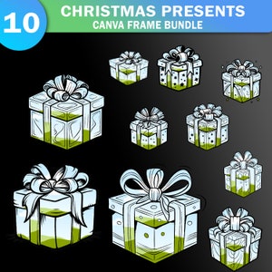 May include: A set of 10 Christmas present Canva frame bundle illustrations. The frames are in a cartoon style and feature various colors and designs. The frames are perfect for adding a festive touch to your Christmas projects.