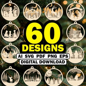 60X Christmas Ornament SVG Bundle, 3-Layer Ornament Laser Cut Files, Christmas Ball Tree Decorations, Craft Hanging Bauble, Digital Download