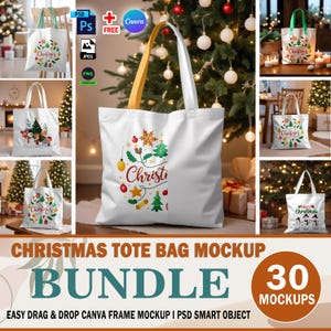 30x Tote Bag Mockup Bundle, AOP Christmas Canvas Bag Mockup, Holiday Shopping Tote Mock Up, Gift Bag Mockup, Print On Demand Tote Bag Mockup