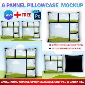 May include: Mockup of a pillowcase with six panels. The pillowcase has a design of a window with a view of a green field and blue sky with white clouds. The text "CHANGE PICTURE IN DIFFERENT PANNEL" and "INCLUDED FRONT AND BACK SIDE" is visible on the image. The text "6 PANNEL PILLOWCASE MOCKUP" is at the top of the image. The text "Canva + FREE PSD" is in the upper left corner of the image. The text "Creative Mockupart" is in the lower left corner of the image.