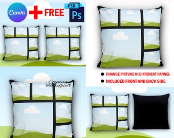 Maqueta de funda de almohada de 6 paneles de Canva con sublimación de tinte, maqueta de almohada rectangular de 6 paneles, fondo insertado y diseño mediante marco inteligente de Canva y PSD