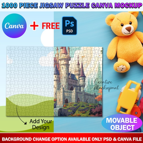 Canva 1000 Piece Jigsaw Puzzle Mockup For Dye Sublimation, Insert Your Own Design & Background Via Smart Canva Frame And Photoshop PSD