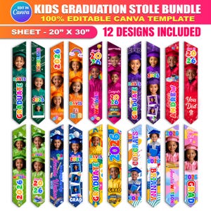 May include: A bundle of 12 graduation stoles with photos of children, personalized with names and the year 2026. The stoles are in various colors, including green, orange, purple, and red, with the words "Graduate" and "Congrats".