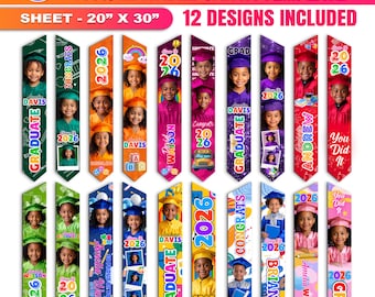 12x Kids Graduation Stole Templates for Canva, Editable Pre-K & Kindergarten Grad Sashes Custom Name Class of 2026 Junior Graduate Keepsakes