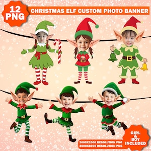 Può includere: Dodici modelli di banner fotografico digitale con elfi di Natale vestiti di verde e rosso. Gli elfi tengono bastoncini di zucchero, campane e altri oggetti festivi. Il banner è progettato per essere personalizzato con foto di bambini.