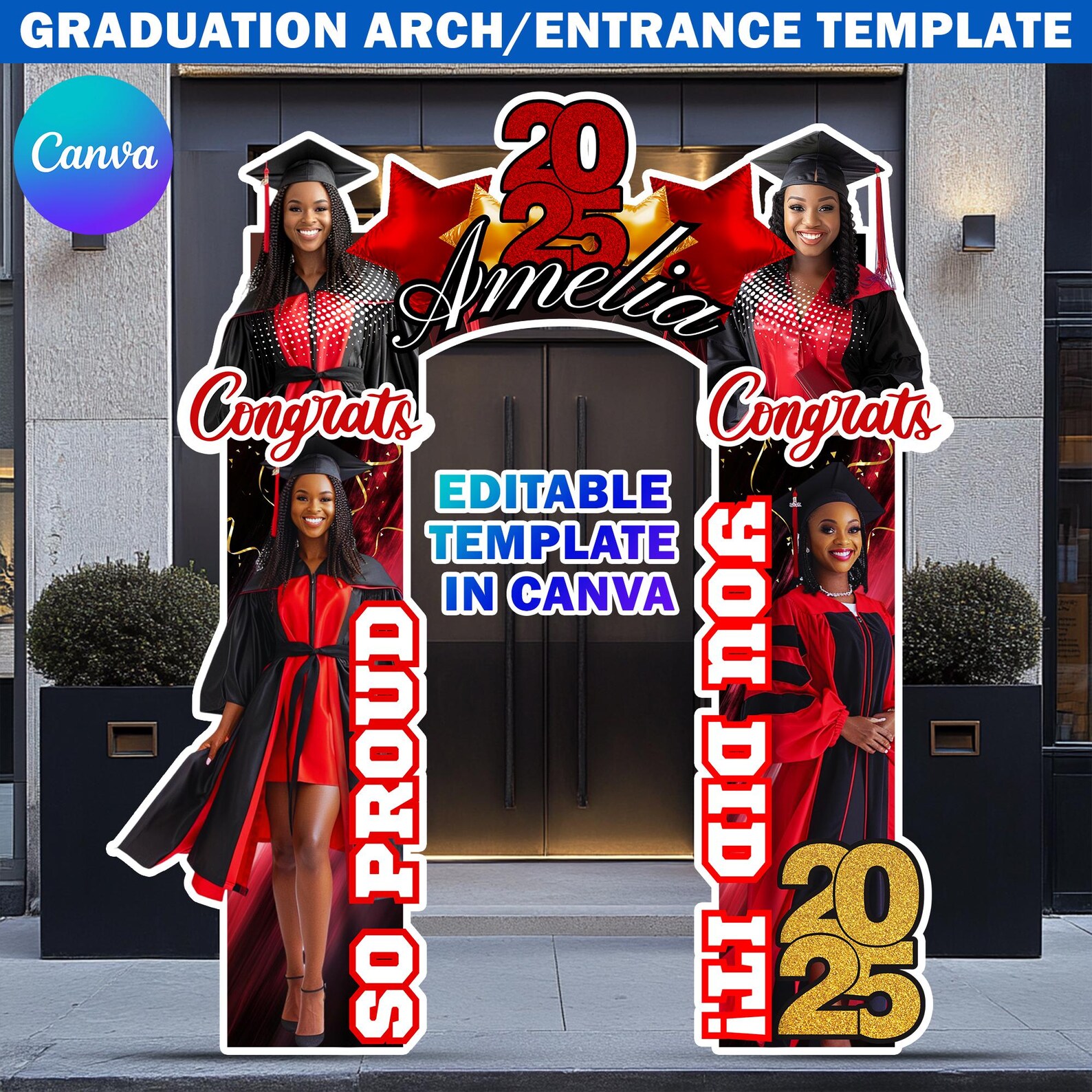 Graduation Base Design Graduation Entrance Arch Design Canva Template, Black & Red Graduation ...