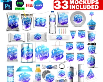 PSD Party Favors Mockup Bundle, Chip Bag, Chocolate Bar, Water Bottle, Juice Pouch Scene Maker, Insert Design & Background Via Canva Frame