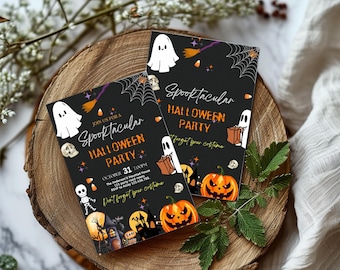 Könnte beinhalten: Schwarze und orangefarbene Halloween-Partyeinladung mit einem Geist, einem Kürbis und einem Skelett. Die Einladung lautet "Join us for a Spooktacular Halloween Party" und enthält Datum, Uhrzeit und RSVP-Informationen.